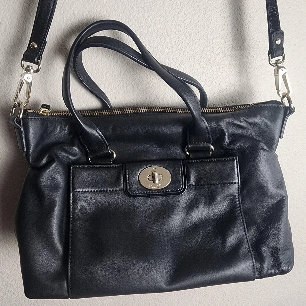 Kate Spade New York Satchel Bag Womens Medium Black Leather Crossbody Purse Zip
